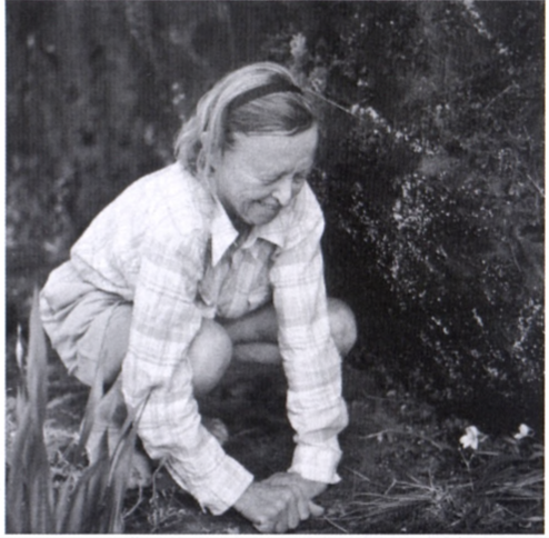 Elsie Esterhuysen with the orchid, Disa longicornu, on Table Mountain (date unknown, photograph by M. Burger).