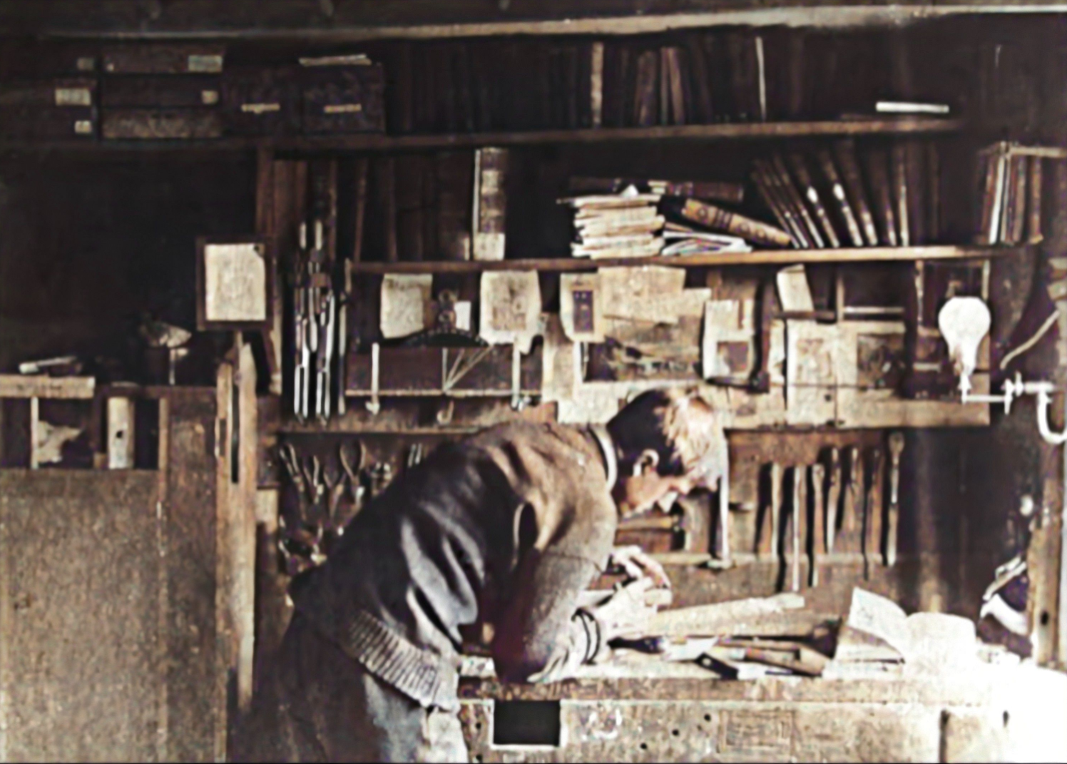 Arthur Shurcliff in his woodworking workshop